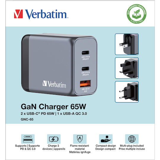 Verbatim Φορτιστής Χωρίς Καλώδιο GaN με Θύρα USB-A και 2 Θύρες USB-C 65W Power Delivery / Quick Charge 3.0 Γκρι (GNC-65)