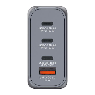 Verbatim Ladegerät ohne Kabel GaN mit USB-A Anschluss und 3 USB-C Anschlüsse 100W Stromlieferung / Schnellaufladung 3.0 Gray (GNC-100)