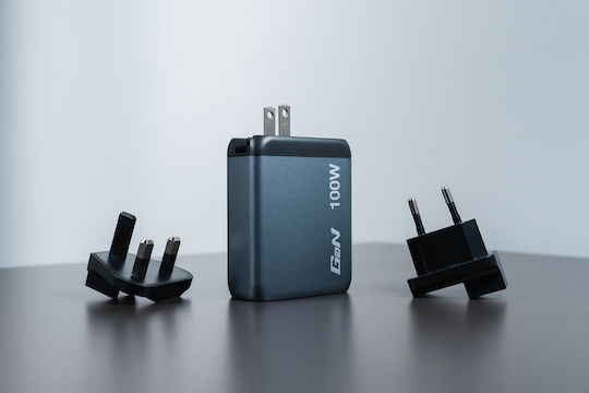 Verbatim Φορτιστής Χωρίς Καλώδιο GaN με Θύρα USB-A και 3 Θύρες USB-C 100W Power Delivery / Quick Charge 3.0 Γκρι (GNC-100)