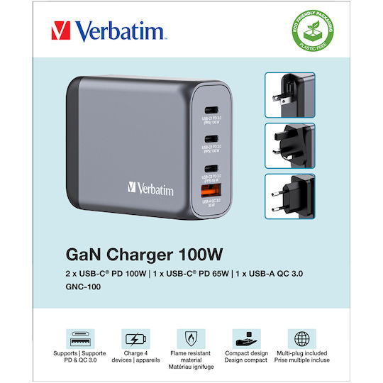 Verbatim Φορτιστής Χωρίς Καλώδιο GaN με Θύρα USB-A και 3 Θύρες USB-C 100W Power Delivery / Quick Charge 3.0 Γκρι (GNC-100)