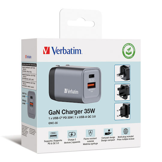 Verbatim Wireless Charger GaN With USB-A Output Port And USB-C Output Port 35W Power Delivery Quick Charge 3.0 Gray GNC-35