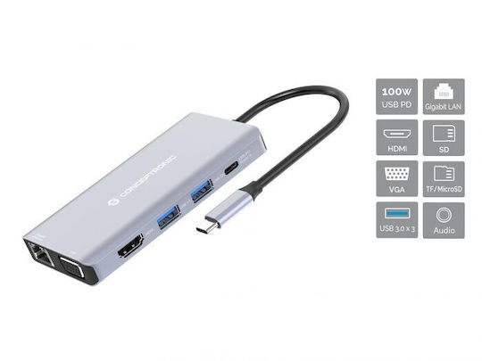 Conceptronic USB-C Докинг станция с HDMI 4K PD Етърнет Сив (DONN20G)