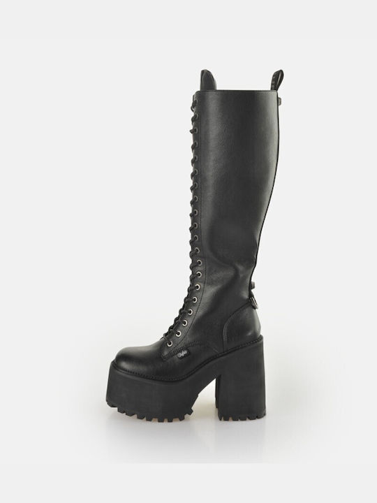 Buffalo Leder Damenstiefel mit hohem Absatz Schwarz