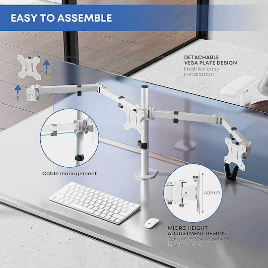 Putorsen MAS-3 Schreibtisch Halterung für 3 Monitore bis 27" mit Arm Weiß