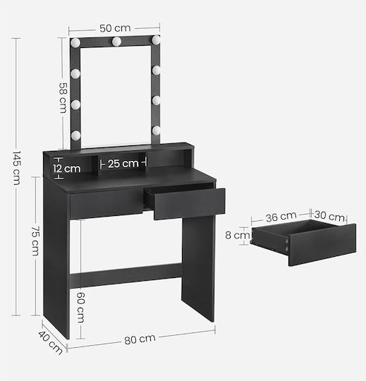 Подова Спална Тоалетна Дървена Черна с Огледало 80x40x145см