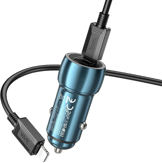 Hoco Z48 Auto-Ladegerät 40W 3A mit Anschlüssen: 2xType-C mit Kabel Blitzschlag Blau Farbe