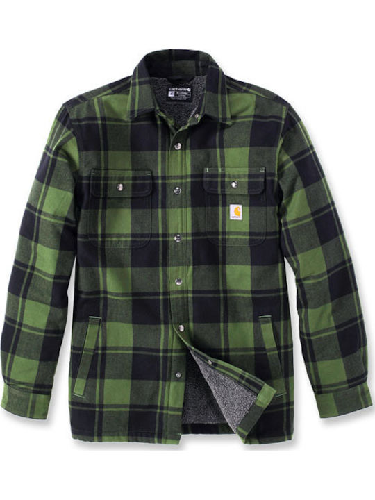 Long-sleeved Flannel Shirt in Wide Line Checked chive