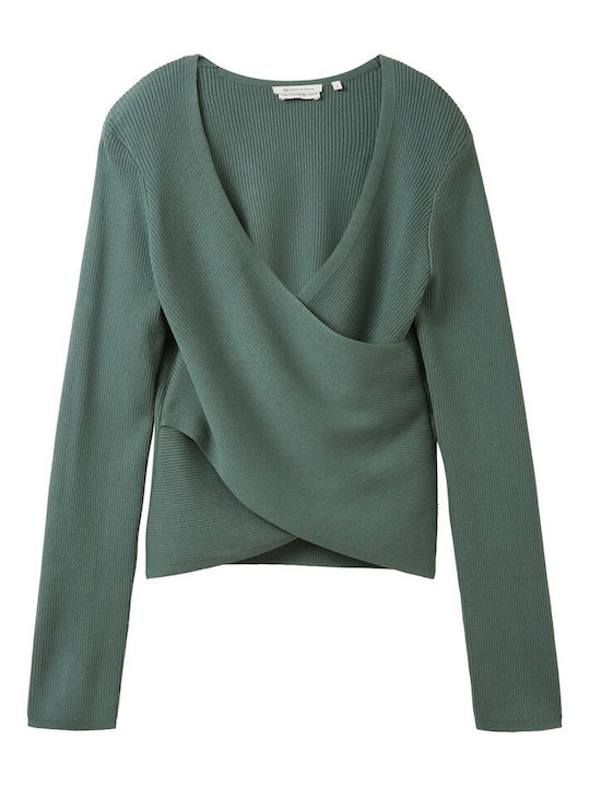 Tom Tailor Women's Long Sleeve Crop Sweater with V Neckline Green