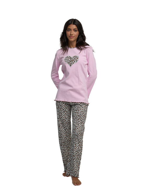 Miss Rodi Winter Damen Pyjama-Set Baumwolle Leopard/Pink