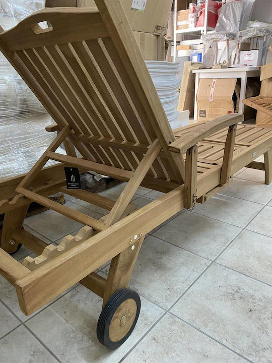 Дървена Градинска и Басейнова Шезлонга с Колела Бежова 200x65x37см