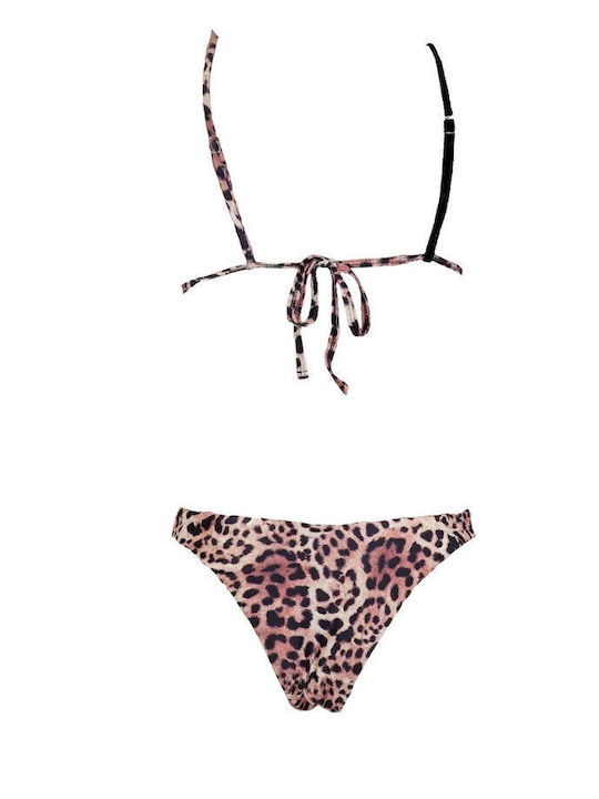 Bikini Set 3 Pieces Triangle With Light Padding & Brazil Animal Print Brown
