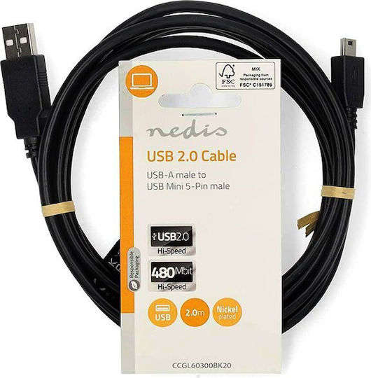 Nedis USB 2.0 Cable USB-A male - mini USB-B male Μαύρο 2m CCGL60300BK20