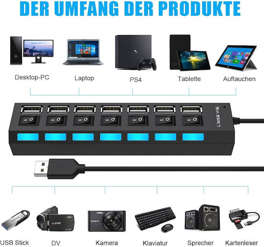 L'aise Vie Zwart 2.0 USB 2.0 Hub 7 Porturi cu conexiune USB-A și Alimentare Externă