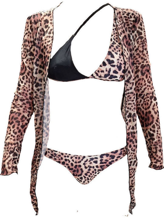 Bikini Set 3 Pieces Triangle With Light Padding & Brazil Animal Print Brown
