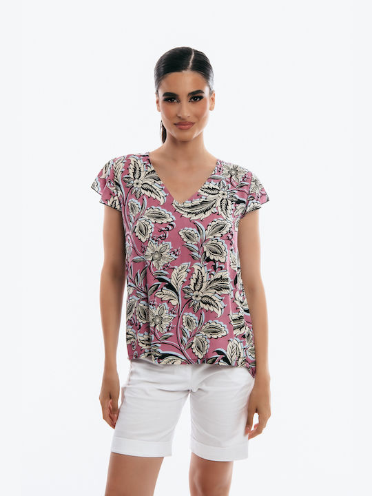 Secret Fashion Women's Blouse Short Sleeve with V Neckline Pink