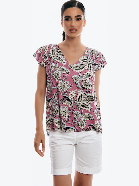 Damen Bluse Kurzärmelig mit V-Ausschnitt Pink