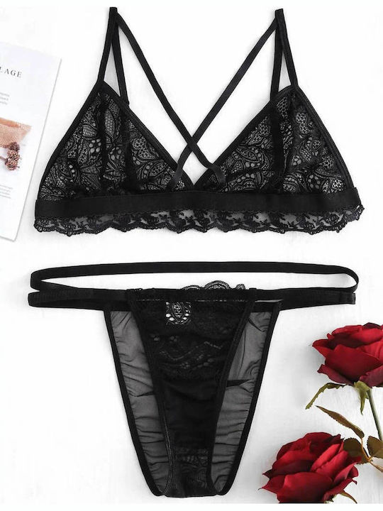 Siya Miting Dantelat Set de Lenjerie Sutien cu Brazilia Negru