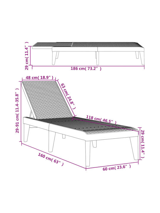 Liegestuhl Kunststoff Gray 186x60x29cm.