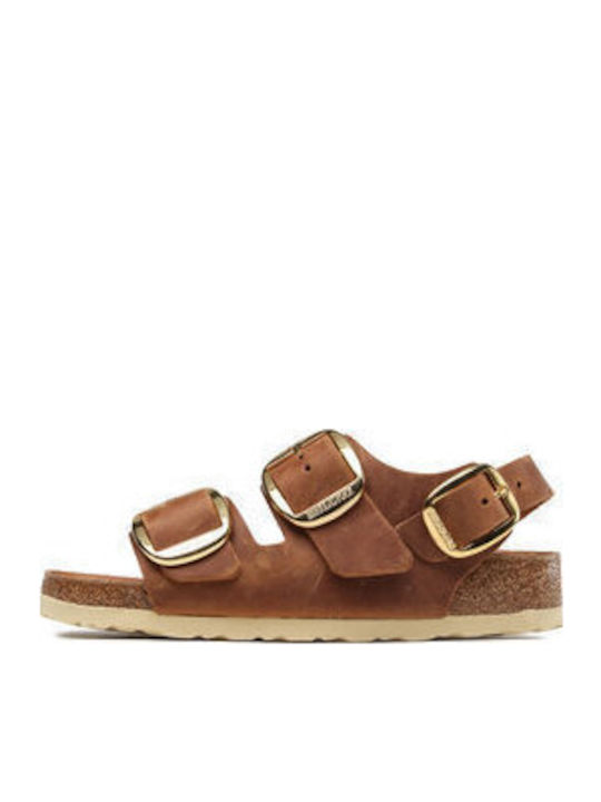 Milano Big Buckle Leather Women's Flat Sandals in Brown Color Narrow Fit
