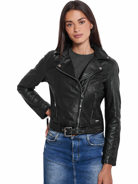 Medea Sheep Women's Short Biker Leather Jacket for Winter Black