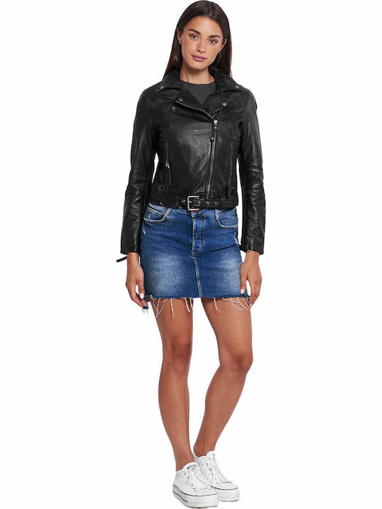 Medea Sheep Women's Short Biker Leather Jacket for Winter Black