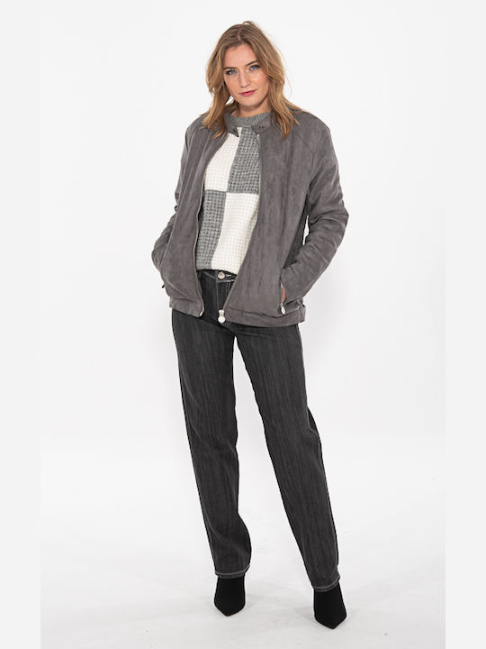 Korinas Fashion Women's Short Lifestyle Suede Jacket for Winter Grey.