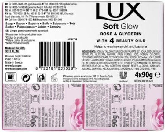 Lux Soft Glow Rose and Glycerin Soap Bars 4x90g