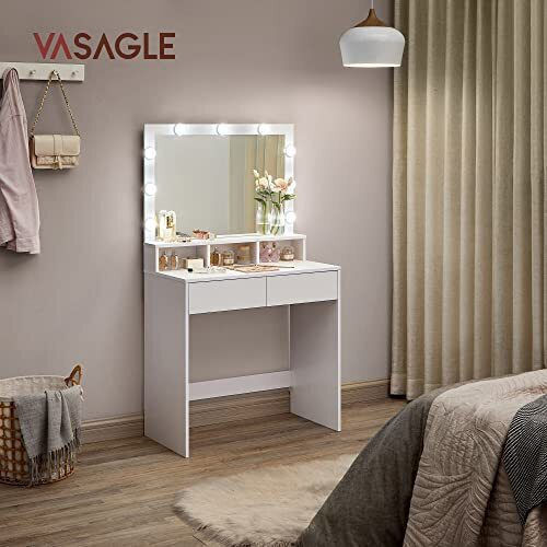 Bodenstehende Schminktisch Schlafzimmer Holz Weiß mit Spiegel 80x40x140cm