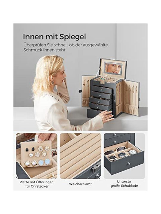 Songmics Casetă Metalică Pentru Bijuterii cu Sertar și Oglindă 26x15.5x32cm