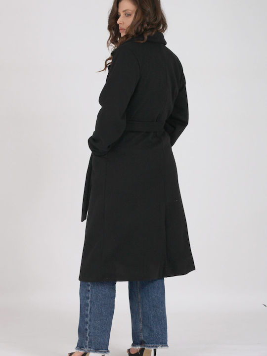 Secret Fashion Women's Midi Coat with Belt Black