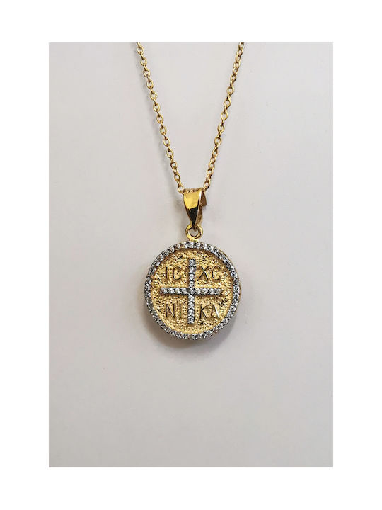 Gold plated silver necklace 4 double sided with white stones, cross and the saints Constantine and Helen with gold plated silver chain