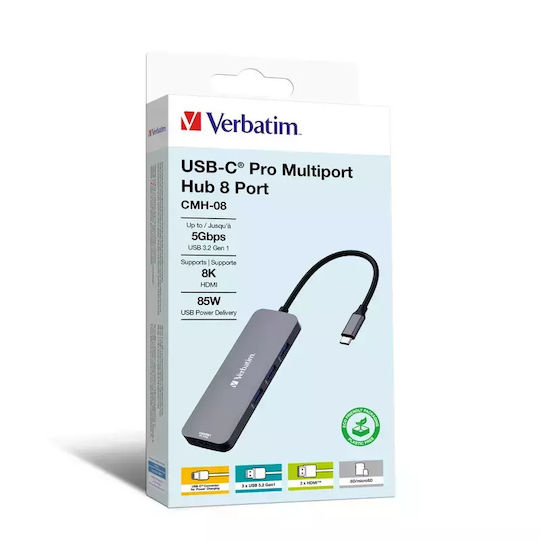 Verbatim USB-C Pro CMH-08 USB-C Docking Station with HDMI 4K PD and Support for 2 Monitors Gray