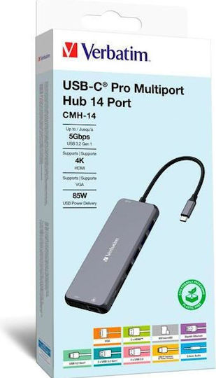 Verbatim USB-C Pro CMH-14 USB-C Docking Station mit HDMI 4K PD Ethernet und Verbindung 3 Monitore Gray