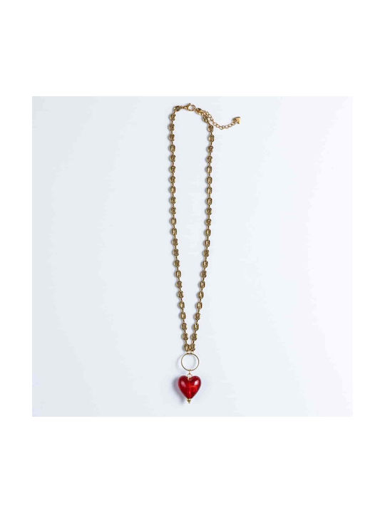 Gold steel necklace Cuoro with red morano heart