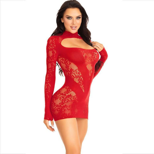 Leg Avenue Mini Dress Lace Long Sleeve Rochie Sexy Roșu