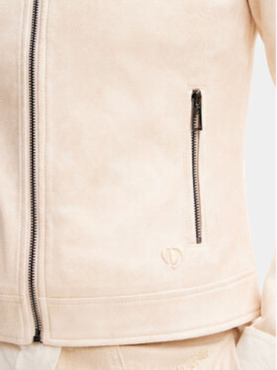Toronto Women's Short Biker Leather Jacket for Winter Beige