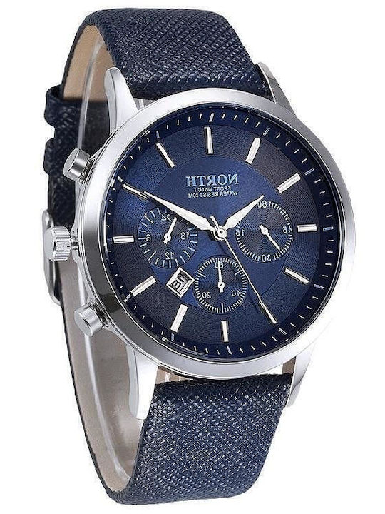 North Edge Мъжки Часовник 45мм На Батерия Със Синя Кожена Каишка