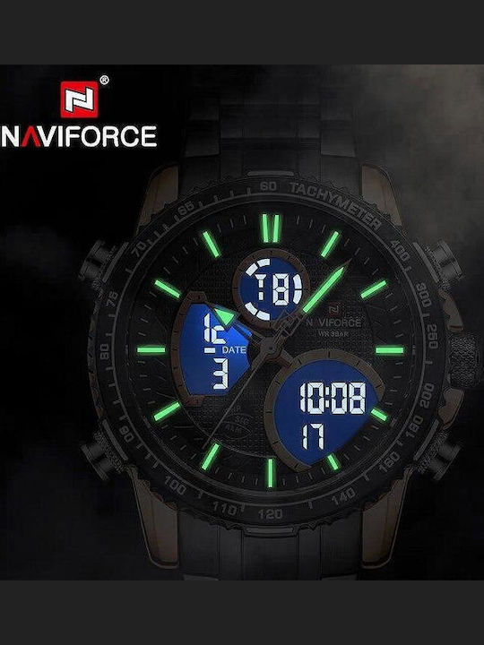 Naviforce Ceas Bărbați 46mm Cronograf Baterie cu Brățară din metal Neagră