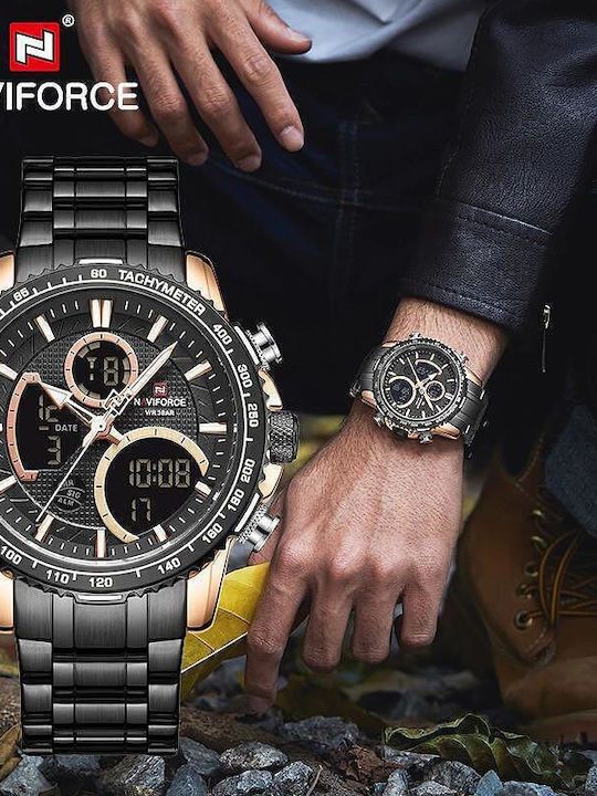 Naviforce Ceas Bărbați 46mm Cronograf Baterie cu Brățară din metal Neagră