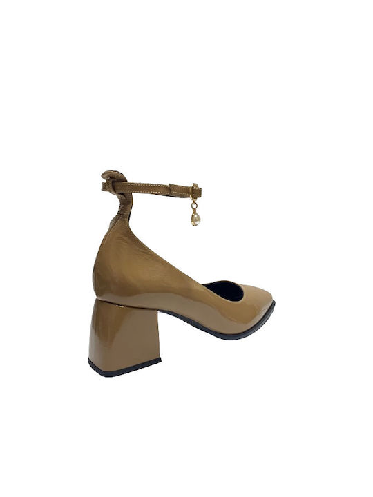 Patent Leather Beige Medium Heels with Strap