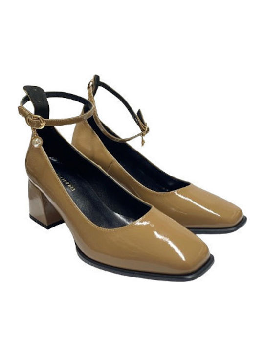 Patent Leather Beige Medium Heels with Strap