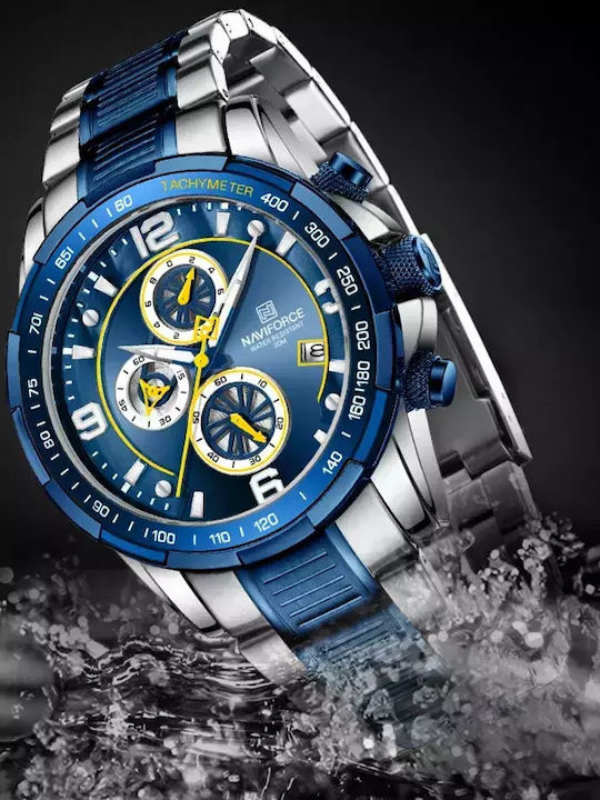 Naviforce Herrenuhr 46mm Chronograph Batterie mit Blau Metallarmband
