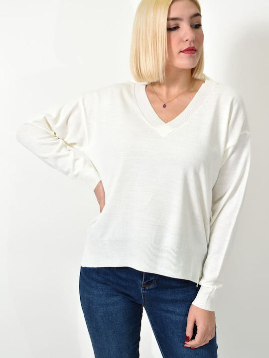 Potre Women's Long Sleeve Sweater with V Neckline White