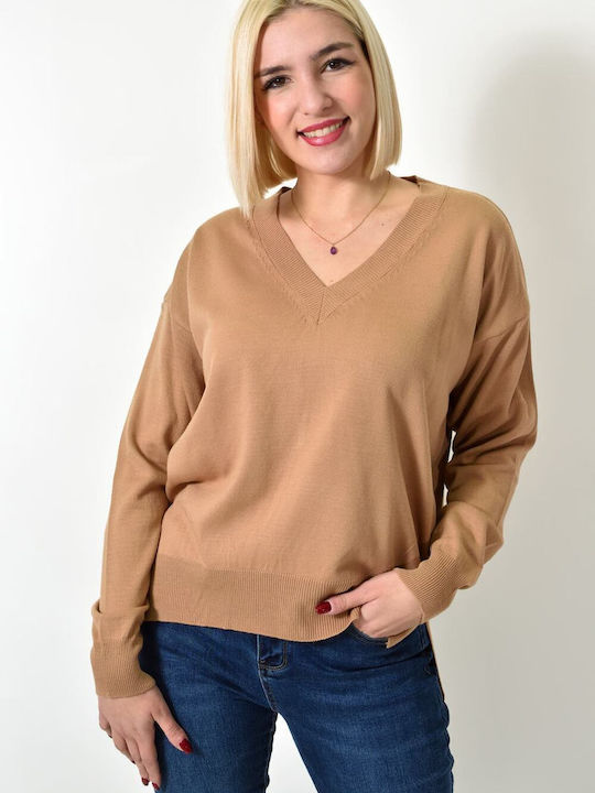 Potre Damen Langarm Pullover mit V-Ausschnitt Coffee