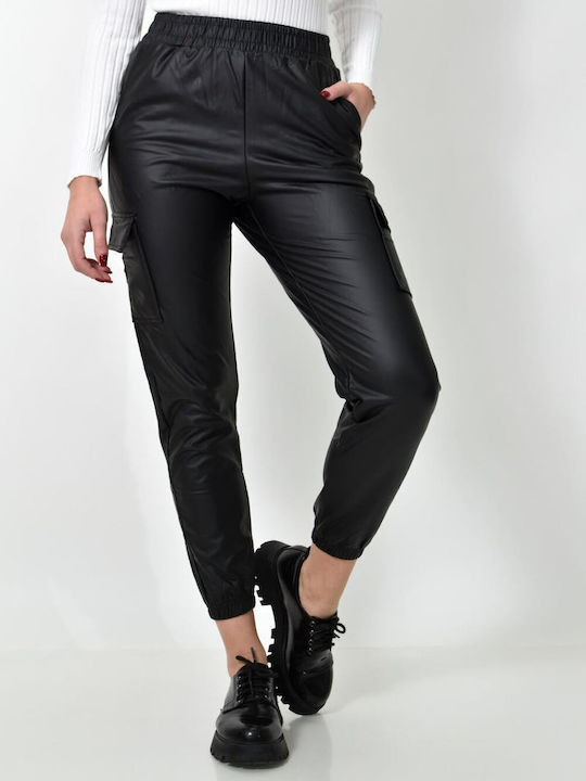 Potre Women's Leather Cargo Trousers Black