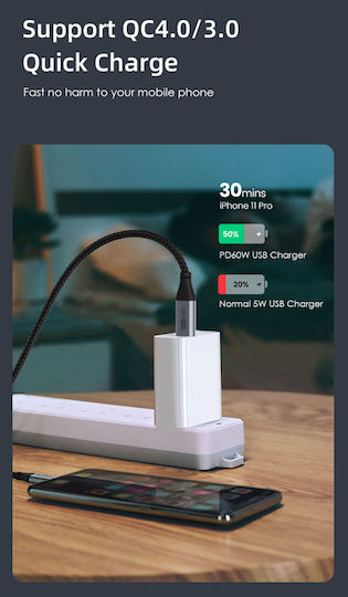 Cabletime Braided USB 2.0 Cable USB-C male - USB-C 60W Μαύρο 2m 128188