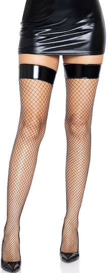 Leg Avenue Vinyl Top Fishnet Thigh Highs Секси чорапи Черни 8291