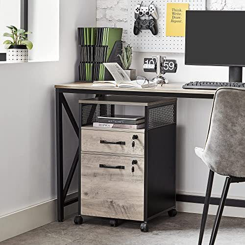 Cabinet de Birou din MDF & Metal cu Roți & Sertare Grey Black 42x44x69cm