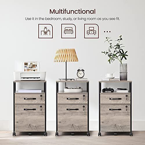 Cabinet de Birou din MDF & Metal cu Roți & Sertare Grey Black 42x44x69cm