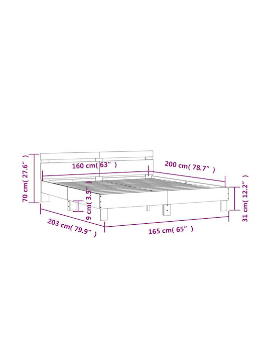 Bed Queen Wooden Grey Concrete with Slats for Mattress 160x200cm